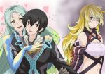  1boy 2_girls angry aqua_hair arm_grab bare_shoulders big_breasts black_hair blonde_hair blush breasts brown_eyes cholesenel coat from_behind gloves green_eyes hair heart hug_from_behind hugging jealous jude_mathis long_hair male milla_maxwell multiple_girls muse_(tales_of_xillia) naughty_face navel nervous open_mouth pointy_ears purple_eyes short_hair shy tales_of_(series) tales_of_xillia 