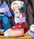 1boy 1girl alternate_costume bdsm beanie blue_eyes blue_hair blush bondage bottomless bound coat dawn hat hikari_(pokemon) kneehighs long_hair lowres nintendo panties pink_panties piplup pokemoa pokemon pokemon_(anime) pokemon_(game) pokemon_dppt satoshi_(pokemon) scarf skirt skirt_lift soara thighhighs tied_up underwear white_legwear white_scarf white_thighhighs winter_clothes