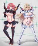 alluring alternate_costume big_breasts blonde_hair blush earrings high_heel_boots kill_la_kill long_hair looking_at_viewer medium_hair minigirl mythra nintendo orange_eyes pyra red_hair stockings thick_thighs thighs uncensored underwear xenoblade_(series) xenoblade_chronicles_2 yellow_eyes