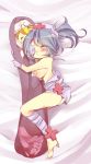 1girl bandage bandages barefoot big_breasts blue_hair blush body_pillow breasts chiko_zenimasia closed_eyes cute dakimakura_(object) double_(skullgirls) eyepatch female_only gloves hair hat headgear highres hug nipples nun nurse nurse_cap pillow pillow_hug ponytail red_cross skullgirls solo_female topless valentine_(skullgirls) white_gloves