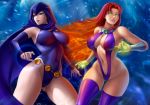 2_girls armband big_breasts breasts busty cape caucasian cleavage dc_comics fire flowerxl green_eyes hips hood leotard raven_(dc) red_hair revealing_clothes sexy sling_bikini slut starfire stockings teen_titans thighhighs thighs thong_leotard