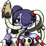 1girl all_the_way_through bare_shoulders black_hair blue_skin creature_inside detached_collar detached_sleeves hair_over_one_eye leviathan_(skullgirls) long_hair red_eyes revision saliva sexually_suggestive side_ponytail sienna_contiello skull skullgirls smile solo squigly_(skullgirls) stitched_mouth striped_sleeves transparent_background zombie zone