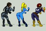 1girl 2boys animated animated_gif artist_request ass ass_shake ass_shaking blonde_hair bodysuit brown_hair captain_falcon choreography crossover dancing f-zero gif metal_gear_(series) metal_gear_solid metroid multiple_boys round_ass samus_aran skin_tight solid_snake super_smash_bros. zero_suit