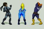  1girl 2boys animated animated_gif ass ass_shake ass_shaking blonde_hair bodysuit brown_hair captain_falcon crossover dancing f-zero gif metal_gear_(series) metal_gear_solid metroid multiple_boys round_ass samus_aran skin_tight solid_snake super_smash_bros. zero_suit 