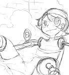 1girl android bath bathing blush extra_eyes eyes flat_chest hat hat_removed headwear_removed mechanical_arms monochrome no_hat no_nipples nude peacock_(skullgirls) short_hair simple_background sketch skullgirls smile solo steam tsukudani_(coke-buta) white_background work_in_progress