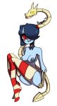 1girl blue_hair blue_skin bogoro bone dark_nipples detached_collar hair_over_one_eye leviathan_(skullgirls) long_hair nipples nude puffy_nipples pussy red_eyes side_ponytail sienna_contiello skullgirls smile solo squigly_(skullgirls) stitched_mouth striped striped_legwear thighhighs zombie