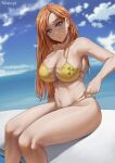 1girl 2021 alluring artist_signature bikini bleach blue_sky breasts female_focus female_only grey_eyes high_res hips huge_breasts inoue_orihime light_blush long_hair looking_at_viewer orange_hair outside shexyo sitting slim_waist smile solo_female solo_focus thick_thighs thighs water wide_hips yellow_bikini