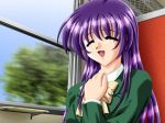 1girl bowtie closed_eyes female game_cg hair happy inside kaori_miyasaka long_hair miyasaka_kaori open_mouth purple_hair ribbon school_uniform sitting smile solo tottemo_pheromone train tsunashima_erika window