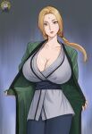 big_breasts blonde_hair bobs_(artist) brown_eyes curvaceous fair-skinned_female forehead_jewel haori huge_breasts kunoichi nail_polish naruto naruto_shippuden red_fingernails red_toenails tsunade tsunade_senju twin_tails