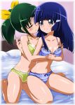  2girls aoki_reika blue_bra blue_eyes blue_hair blue_panties blush bow bra breasts cleavage closed_eyes green_bra green_hair green_panties hair hair_bow hug lingerie long_hair midorikawa_nao midriff mocchi multiple_girls navel panties ponytail precure shiny shiny_skin sitting smile smile_precure! underwear underwear_only wariza yuri 