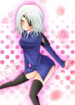  blush bottomless breasts eyepatch female final_fantasy final_fantasy_viii fuujin_(final_fantasy_viii) grey_hair halftone halftone_background pink_eyes pixiv_id_07070815 short_hair solo stockings thigh-highs thighhighs white_background white_hair 