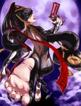 barefoot bayonetta bayonetta_(character) feet glasses gun hair_ribbon looking_back nail_polish pov_feet ribbon scamwich smile soles toes weapon witch