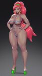  1girl big_ass big_breasts bikini brown_skin micro_bikini nintendo pinkdrawz platform_shoes red_hair seductive tall_female the_legend_of_zelda:_breath_of_the_wild urbosa 