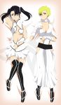 2_girls 2girls absurdres arm_up armpits arrancar black_hair bleach blonde_hair blue_hair blush breasts cleavage dakimakura green_eyes highres loly_aivirrne long_hair lying menoly_mallia midriff multiple_girls on_back purple_eyes red_eyes short_hair skirt skull sleeveless spiked_hair stiky_finkaz thighhighs twin_tails twintails watermark