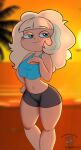 1girl aged_up bare_arms bare_legs bare_shoulders beach black_clothes black_clothing black_shorts blonde blonde_hair blue_clothes blue_clothing blue_shirt bottomwear caucasian caucasian_female clothed clothes clothing crop_top curvy curvy_body curvy_female curvy_figure disney disney_channel disney_xd eide_hips female freckles green_eyes hourglass_figure jackie_lynn_thomas legs light-skinned light-skinned_female light_skin medium_hair midriff n-kosi n-kosi_(coloring) naughty seaside seductive seductive_smile shirt short_shorts shorts solo_focus star_vs_the_forces_of_evil sun sundown sunset tan tanned thighs topwear two_tone_hair wide_hips