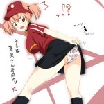 1girl breasts brown_eyes clothes_writing employee_uniform fast_food_uniform haru_(toarutakii) hataraku_maou-sama! large_breasts orange_hair panties sasaki_chiho short_hair short_twintails twintails underwear uniform visor visor_cap