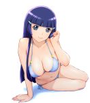  1girl adult aoki_reika arm_support bangs bikini blue_bikini blue_eyes blue_hair blunt_bangs breasts eyelashes hair_ornament hairclip large_breasts long_hair navel older precure side-tie_bikini sitting smile smile_precure! solo swimsuit ueyama_michirou white_background 