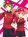 1boy 1girl ashiya_shirou black_hair brand_name_imitation breasts brown_eyes brown_hair employee_uniform fast_food_uniform hataraku_maou-sama! large_breasts maou_sadao pencil_skirt polo_shirt sasaki_chiho short_twintails skirt suzukawa_yui twintails uniform visor visor_cap