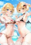 1girl 2_girls ayamy beach bikini blonde_hair breasts female_focus female_only hololive hololive_english multiple_girls sideboob swimsuit virtual_youtuber watson_amelia youtube youtuber yozora_mel