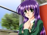 1girl bowtie female female_only game_cg green_eyes inside kaori_miyasaka long_hair miyasaka_kaori open_mouth purple_hair ribbon school_uniform shy sitting solo_female tottemo_pheromone train tsunashima_erika window