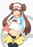 1girl bag blue_eyes blush breasts brown_hair female female_protagonist_(pokemon_bw2) kobii large_breasts long_hair mei_(pokemon) mound_of_venus navel open_mouth pokemon pokemon_(game) pokemon_bw2 shirt skirt solo undressing