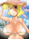 1girl bikini blonde_hair breasts brown_eyes freakyplanet hat huge_breasts original short_hair smile solo straw_hat swimsuit wink