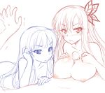 2girls blush boku_wa_tomodachi_ga_sukunai breasts butterfly_hair_ornament hair_ornament kashiwazaki_sena large_breasts long_hair mikazuki_yozora monochrome multiple_girls nipples nude okitakung paizuri penis simple_background white_background