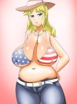 1girl american_flag american_flag_bikini bikini blonde_hair blue_eyes breasts denim flag_print freakyplanet hanging_breasts hat huge_breasts jeans jewelry long_hair necklace original pants plump sagging_breasts solo swimsuit