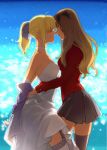 2_girls 2girls armpits arms_behind_back bare_shoulders black_legwear black_thighhighs blonde_hair breast_press brown_hair choker closed_eyes dress elbow_gloves fate/stay_night fate_(series) garter_belt gloves hair hair_ribbon hug hugging incipient_kiss kissing liulian_(artist) long_hair long_sleeves love multiple_girls open_mouth ponytail ribbon rin_tohsaka saber short_hair skirt stockings strapless strapless_dress sweater symmetrical_docking thighhighs tohsaka_rin toosaka_rin twin_tails white_dress white_gloves white_legwear white_thighhighs yuri