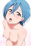  1girl areola bangs blue_eyebrows blue_hair blush breasts clavicle completely_nude crossed_bangs female_only gluteal_fold hair_between_eyes high_resolution light-skinned_female light_skin limelam06 looking_at_viewer love_live!_(series) love_live!_superstar!! medium_breasts nipples nude round_teeth short_hair sparkle_background suggestive_fluid tongue tongue_out upper_teeth viewed_from_above wakana_shiki yellow_eyes 