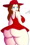  1girl 1girl ass bare_shoulders big_ass blue_eyes bottomless brown_hair caucasian cleavage dat_ass dress earrings from_behind hat legs long_hair looking_at_viewer looking_back mario_(series) mostly_nude nintendo pauline pawg red_dress red_hat red_lipstick sexy sideboob slut standing super_mario_odyssey text thick thick_thighs tight_clothing wide_hips 