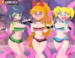  3girls black_hair blonde_hair blossom_(ppgz) blue_eyes bob_cut breasts bubbles_(ppgz) buttercup_(ppgz) green_eyes imminent_sex kaoru_matsubara landidzu legs long_hair looking_at_viewer magical_girl miniskirt miyako_gotokuji momoko_akazutsumi multiple_girls open_mouth orange_hair pink_eyes powerpuff_girls_z red_eyes red_hair short_hair smile tentacle tied_hair twintails 