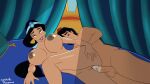 1boy 1girl ahegao aladdin aladdin_(series) big_breasts black_hair bouncing_breasts brown_eyes canon_couple completely_nude disney from_behind gif huge_breasts husband_and_wife loop penis_in_pussy princess_jasmine sex spooning symbolic_reasons vaginal