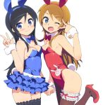  2_girls animal_ears aragaki_ayase bare_shoulders black_hair black_legwear blue_eyes blush breasts brown_legwear bunny_ears bunny_tail bunnysuit fang female fishnets hairband hand_holding kousaka_kirino looking_at_viewer multiple_girls ootomo_takuji open_mouth orange_hair ore_no_imouto_ga_konna_ni_kawaii_wake_ga_nai tail v wink wrist_cuffs 