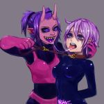  ahegao collar corruption demon_girl drool_string drooling hand_behind_head kissing latex latex_gloves mind_break pubic_tattoo purple_eyes purple_hair rubber shiro skye smeared_makeup succubus sunny 