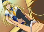  animated animated_gif black_legwear black_thighhighs blonde_hair braid braids brother_and_sister bulge erection erection_under_clothes feet femdom footjob gif kashima_yuri kashima_yuuji long_hair penis school_uniform siblings soukan_yuugi source_request thighhighs this_post_has_1_note uncensored 