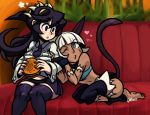  2_girls 2girls animal_ears aqua_eyes arm_grab audioerf audrey_kare bare_shoulders barefoot black_hair black_legwear bob_cut breasts cat_ears cat_girl cat_tail couch crop_top dark-skinned_female dark_skin extra_mouth feet female filia_(skullgirls) fingerless_gloves food futakuchi-onna gloves hamburger lab_zero_games leg_warmers long_hair midriff ms._fortune_(skullgirls) multiple_girls nadia_fortune navel necktie nekomimi one_eye_closed open_mouth prehensile_hair red_eyes samson_(skullgirls) scar scars shirt short_hair sitting skirt skullgirls smile solo tail thick_thighs thighhighs thighs white_hair wink yellow_eyes 