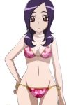  1girl 1girl 1girl :o bare_arms bikini fresh_precure! halterneck hand_on_hip higashi_setsuna long_hair looking_at_viewer lovely_bikini navel open_mouth precure purple_hair red_bikini red_eyes red_swimsuit setsuna_higashi side-tie_bikini swimsuit very_long_hair white_background 