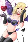 1girl adjusting_hair bare_shoulders bat_wings bikini black_bikini black_gloves black_legwear blonde_hair breasts brown_eyes choker cleavage collarbone demon_girl demon_tail demon_wings duplicate dutch_angle electricity female gloves hand_in_hair heart higurashi_no_naku_koro_ni horns jewelry jpeg_artifacts long_hair midriff multiple_wings naughty_face navel necklace open_mouth ribbon simple_background smile solo standing stockings strapless swimsuit tail takano_miyo thighhighs tubetop white_background wings yuumare