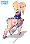 ass blonde_hair blue_eyes chainsaw cosplay courtney_babcock ear_rings freckles funny lollipop_chainsaw looking_back paranorman twin_tails weapon whargleblargle wide_hips