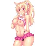  1girl 1girl 1girl :p animal_ear_fluff animal_ears big_breasts black_panties black_underwear blonde blush breasts cowboy_shot eyebrows_visible_through_hair fastrunner2024 high_resolution highleg highleg_panties lifted_by_self long_hair looking_at_viewer microskirt navel nekomimi nipples original panties pink_skirt pleated_skirt ponytail red_eyes shirt shirt_lift simple_background skirt slit_pupils standing tied_hair tiffy tongue tongue_out underwear white_background 