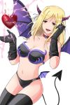 1girl adjusting_hair adult bare_shoulders bat_wings bikini black_bikini black_gloves black_legwear blonde_hair breasts brown_eyes choker cleavage collarbone demon_girl demon_tail demon_wings dutch_angle electricity female gloves hand_in_hair heart higurashi_no_naku_koro_ni horns jewelry long_hair midriff multiple_wings naughty_face navel necklace older open_mouth ribbon simple_background skull smile solo standing stockings strapless strapless_bikini strapless_swimsuit swimsuit tail takano_miyo thighhighs tubetop white_background wings yuumare