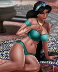 1girl aladdin_(series) alluring arab artist_name bare_shoulders bracelet breasts cleavage clothed crop_top curvy dark_hair disney earrings female_abs green_eyes indoors jewelry john_reith legs long_hair necklace non-nude on_floor panties parted_lips princess_jasmine revealing_clothes sexy sitting slut stomach thick thick_thighs wide_hips