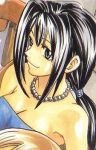 1girl bare_shoulders black_hair breasts cattleya_glory cleavage female long_hair necklace ponytail rave_master smile solo strapless