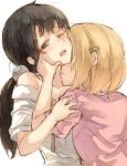  2_girls 2girls black_hair blonde_hair blue_eyes blush breath female ge-b gebyy-terar hair_ornament hairclip hugging kissing kitashirakawa_tamako long_hair love low_twintails moaning multiple_girls neck_kiss off_shoulder open_mouth saliva short_hair tamako_market tokiwa_midori twin_tails wince yuri 