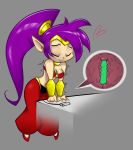 1girl alternate_color arabian_clothes bandeau boggle bracer breasts cleavage closed_eyes collaboration cross-section cross_section earrings hair harem_pants heart hoop_earrings jewelry long_hair lots_of_jewelry navel no-ink pants pointy_ears ponytail purple_hair remote_control_vibrator see-through shantae shantae:_half-genie_hero shantae_(character) solo source_request tiara trembling very_long_hair vibrator wayforward