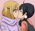  2_girls art athyra athyra_(artist) black_hair blonde_hair blush closed_eyes cropped female female_only friends green_eyes hairclip hug hugging kissing kitashirakawa_tamako long_hair looking_at_another low_twintails md5_mismatch mole multiple_girls pink_background resized short_hair simple_background surprised sweater tamako_market tears tokiwa_midori twin_tails yuri 