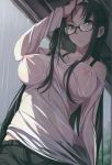 1girl adjusting_hair areola bare_shoulders black-framed_glasses black_hair black_pants blush breasts breasts_apart cloudy_sky erect_nipples glasses hand_in_hair hand_on_head long_hair long_sleeves looking_at_viewer nagioka no_bra off_shoulder original pants rain see-through shirt sidelocks sky very_long_hair wet wet_clothes wet_hair wet_shirt