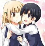  2_girls 2girls black_hair blonde_hair blue_eyes bowtie cheek-to-cheek cherry_blossoms female green_eyes hair_ornament hairclip hugging kitashirakawa_tamako long_hair love low_twintails multiple_girls open_mouth school_uniform short_hair smile tamako_market tokiwa_midori twin_tails wince wink youyan yuri 