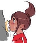 1girl anonymous aoi_asahina asahina_aoi asahina_aoi_(dangan-ronpa) blue_eyes brown_hair cum cum_in_mouth dangan_ronpa danganronpa danganronpa_1 dark_skin donut doughnut facial fellatio food hair_ornament hairclip high_ponytail long_hair noill oral overflow penis penis_ornament tears track_jacket uncensored